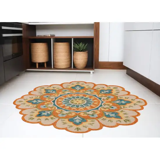 4' Orange and Blue Round Wool Floral Hand Tufted Area Rug Photo 1