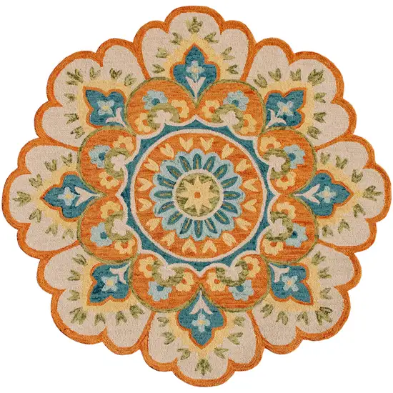 4' Orange and Blue Round Wool Floral Hand Tufted Area Rug Photo 2