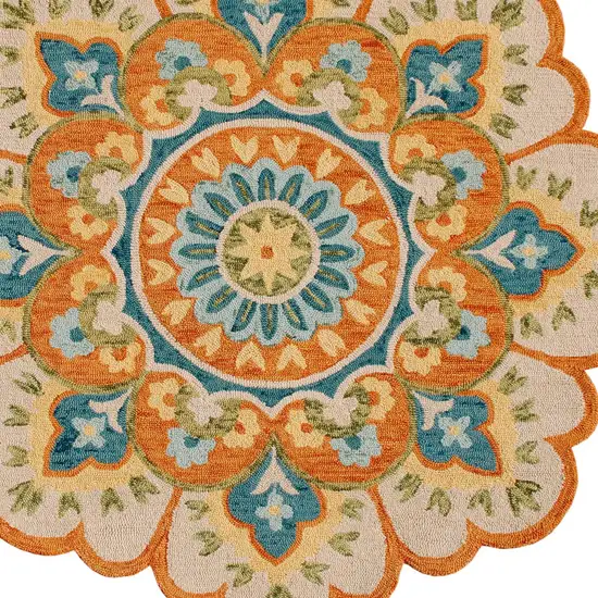 4' Orange and Blue Round Wool Floral Hand Tufted Area Rug Photo 7