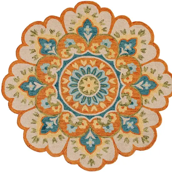 4' Orange and Blue Round Wool Floral Hand Tufted Area Rug Photo 9