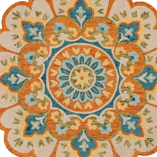 6' Orange and Blue Round Wool Floral Hand Tufted Area Rug Photo 7