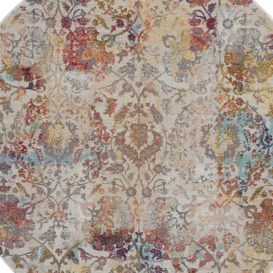 4' Orange and Ivory Floral Distressed Non Skid Round Rug Photo 8