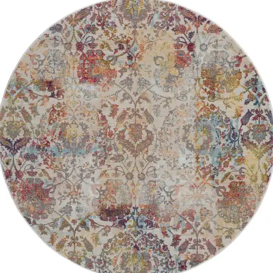 4' Orange and Ivory Floral Distressed Non Skid Round Rug Photo 9