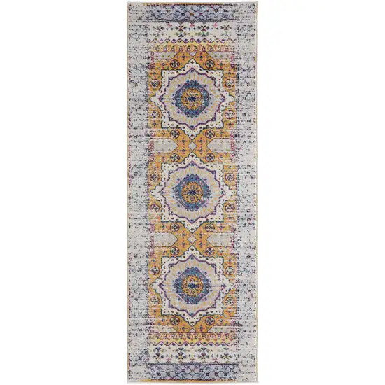 7' Orange and Ivory Medallion Power Loom Runner Rug Photo 1