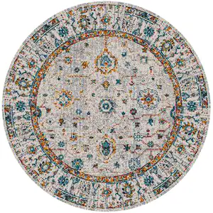 Photo of 7' Orange and Ivory Round Floral Power Loom Area Rug