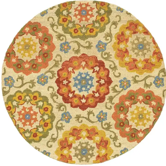 6' Orange and Ivory Round Wool Floral Hand Tufted Area Rug Photo 8