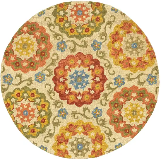 6' Orange and Ivory Round Wool Floral Hand Tufted Area Rug Photo 2