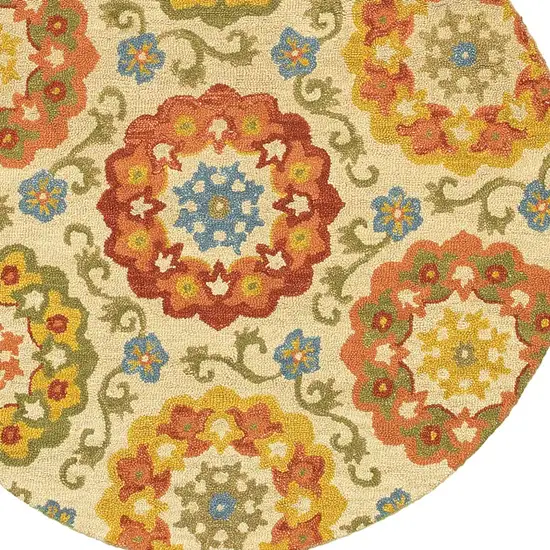 6' Orange and Ivory Round Wool Floral Hand Tufted Area Rug Photo 7