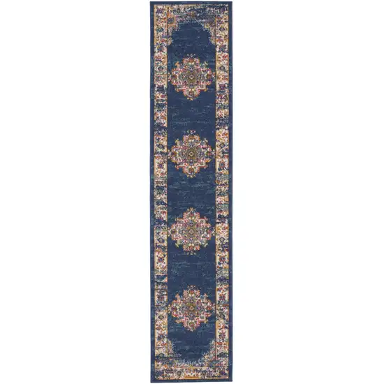 10' Blue and Ivory Oriental Power Loom Distressed Runner Rug Photo 3