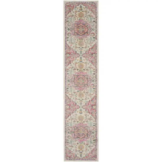 10' Pink and Ivory Oriental Power Loom Runner Rug Photo 4