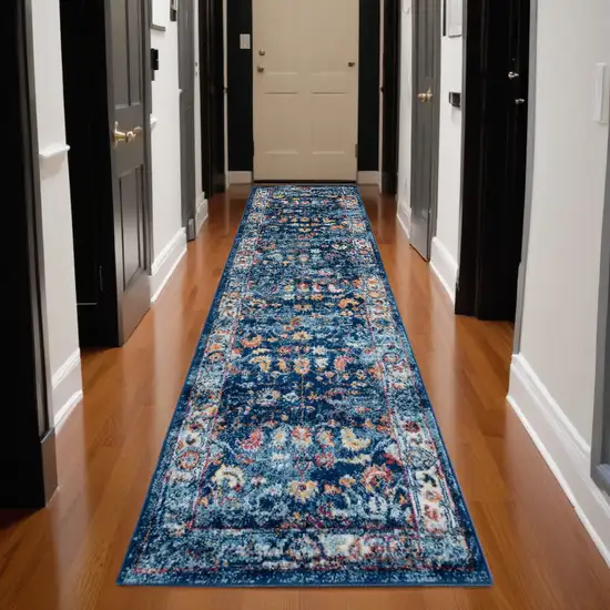 10' Blue and Orange Oriental Power Loom Runner Rug Photo 1