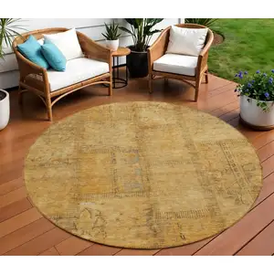 Photo of 8' Peach Gray And Charcoal Round Patchwork Washable Indoor Outdoor Area Rug