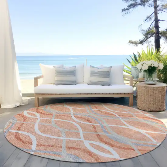 8' Peach Orange And Gray Round Abstract Washable Indoor Outdoor Area Rug Photo 6