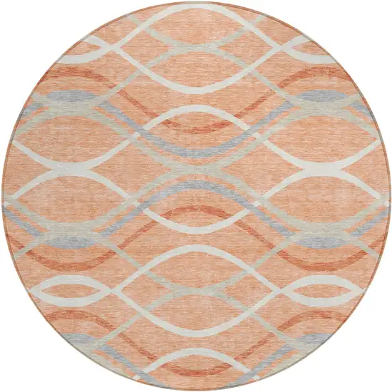 8' Peach Orange And Gray Round Abstract Washable Indoor Outdoor Area Rug Photo 1