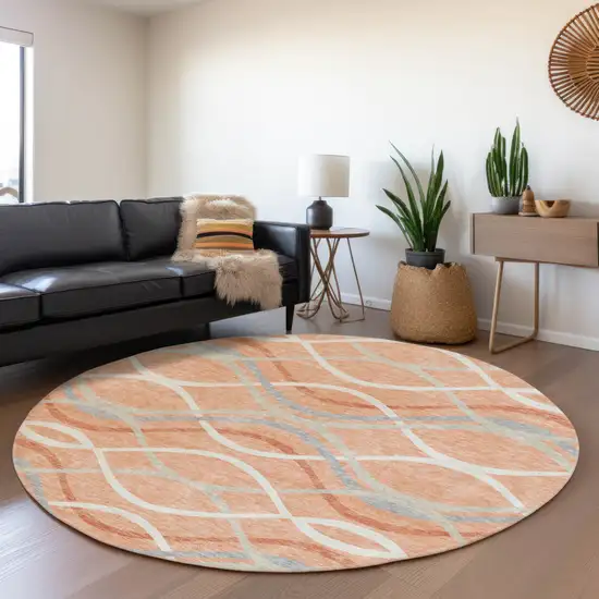 8' Peach Orange And Gray Round Abstract Washable Indoor Outdoor Area Rug Photo 7