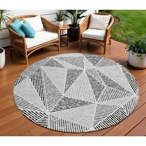 Photo of 8' Pewter Charcoal And Gray Round Geometric Washable Indoor Outdoor Area Rug