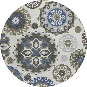 Photo of 8' Pewter Silver And Gray Round Floral Medallion Washable Indoor Outdoor Area Rug