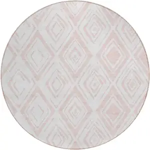 Photo of 8' Pink And Ivory Round Geometric Washable Indoor Outdoor Area Rug