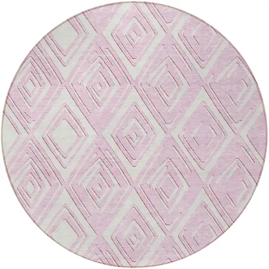 8' Pink And Ivory Round Geometric Washable Indoor Outdoor Area Rug Photo 8