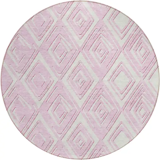 8' Pink And Ivory Round Geometric Washable Indoor Outdoor Area Rug Photo 2