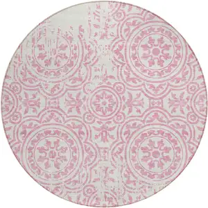 Photo of 8' Pink And Ivory Round Medallion Washable Indoor Outdoor Area Rug