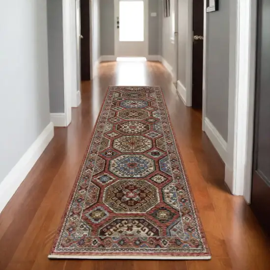 8' Pink And Red Medallion Runner Rug With Fringe Photo 1