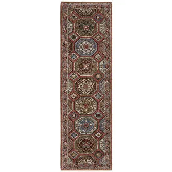 8' Pink And Red Medallion Runner Rug With Fringe Photo 2