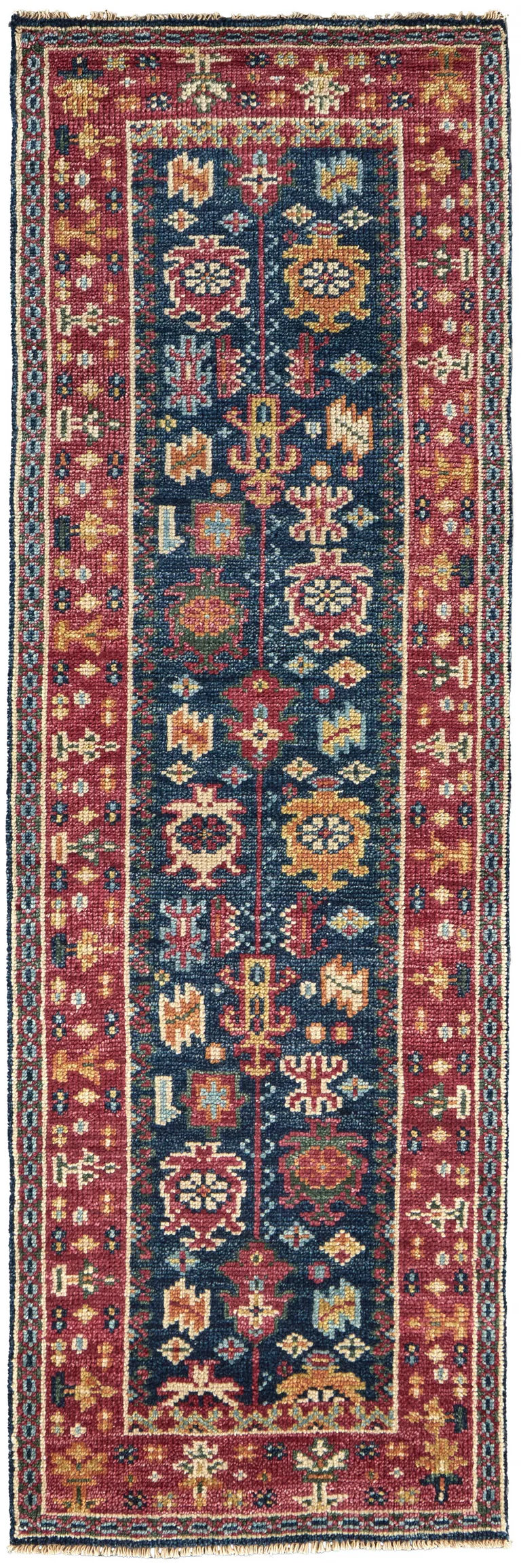 8' Pink Blue And Orange Wool Floral Hand Knotted Distressed Stain Resistant Runner Rug With Fringe Photo 1