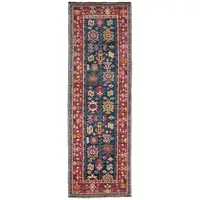 Photo of 8' Pink Blue And Orange Wool Floral Hand Knotted Distressed Stain Resistant Runner Rug With Fringe