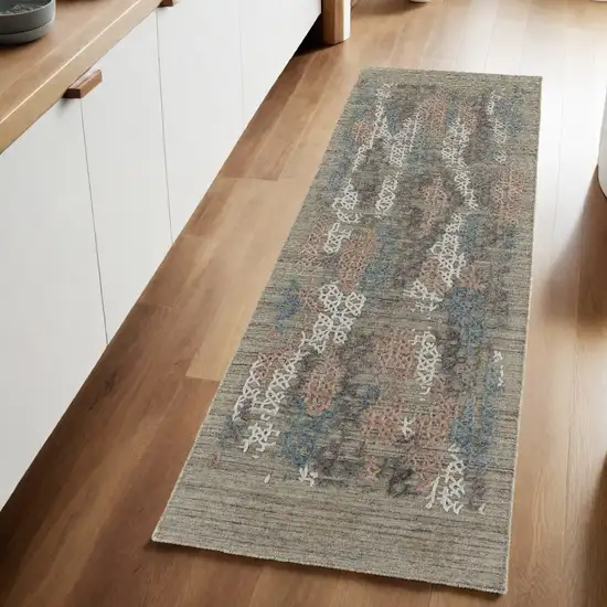 8' Pink Blue And Taupe Abstract Hand Woven Runner Rug Photo 1