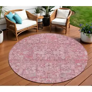 Photo of 8' Pink Blush And Charcoal Round Floral Washable Indoor Outdoor Area Rug