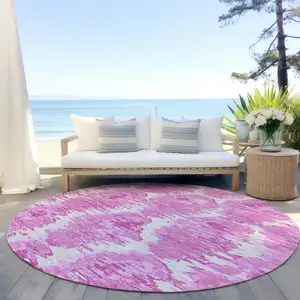 Photo of 8' Pink Blush And Mauve Round Abstract Washable Indoor Outdoor Area Rug