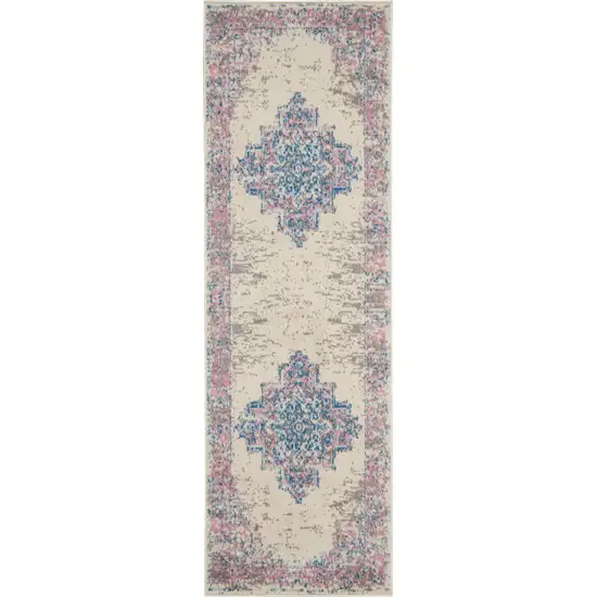 8' Pink Damask Power Loom Runner Rug Photo 3