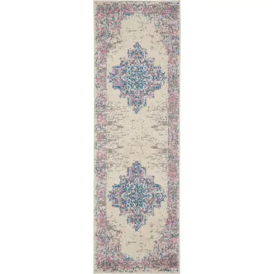 8' Pink Damask Power Loom Runner Rug Photo 2