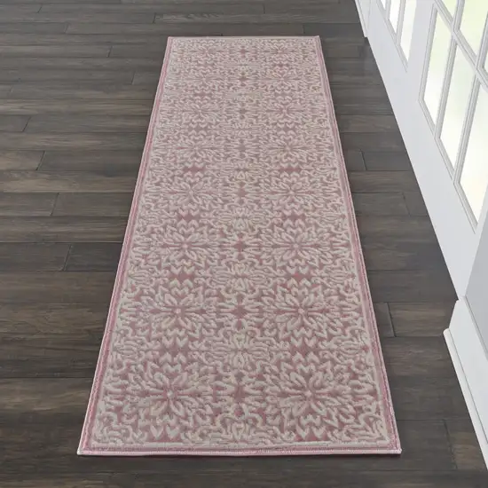 7' Pink Floral Power Loom Runner Rug Photo 5