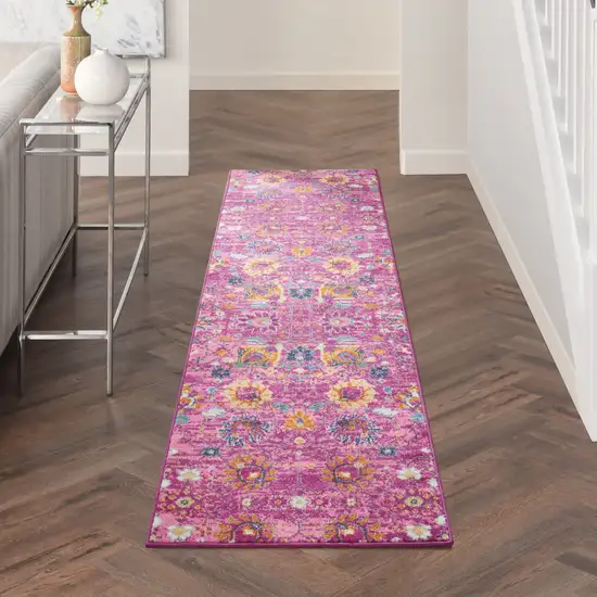 10' Pink Floral Power Loom Runner Rug Photo 7