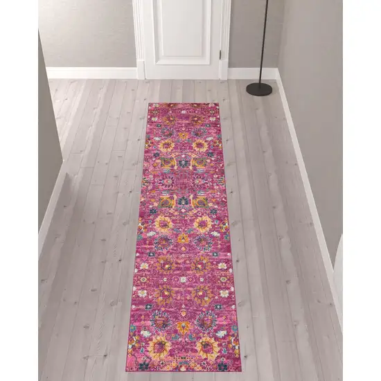 10' Pink Floral Power Loom Runner Rug Photo 2