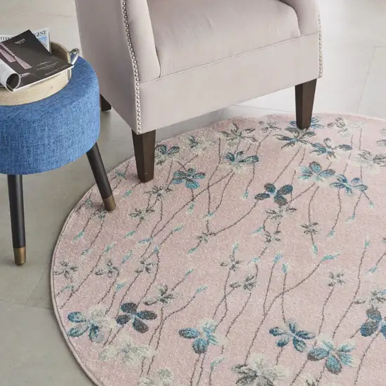 5' Pink Gray and Blue Botanical Leaves Round Rug Photo 8