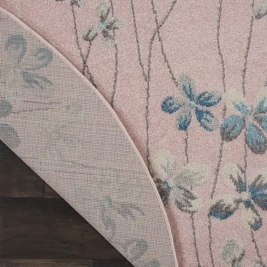 5' Pink Gray and Blue Botanical Leaves Round Rug Photo 5