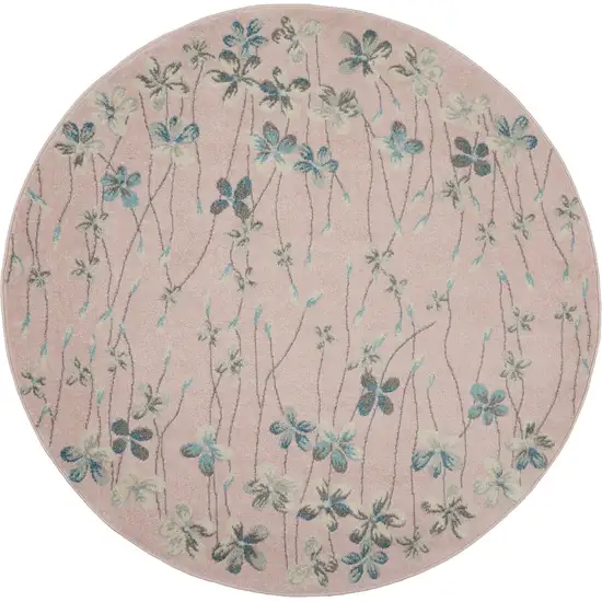 5' Pink Gray and Blue Botanical Leaves Round Rug Photo 2