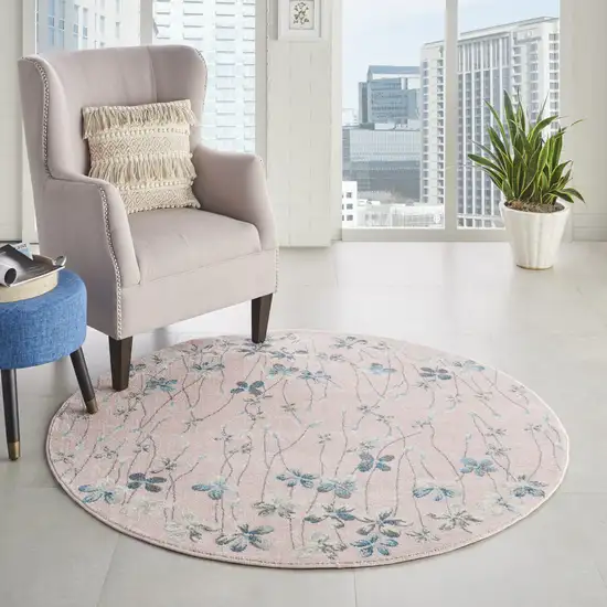 5' Pink Gray and Blue Botanical Leaves Round Rug Photo 9