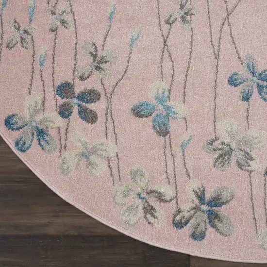 5' Pink Gray and Blue Botanical Leaves Round Rug Photo 4