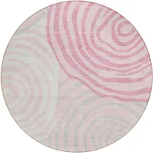 Photo of 8' Pink Ivory And Gray Round Abstract Washable Indoor Outdoor Area Rug