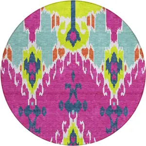 Photo of 8' Pink Lime Green And Orange Round Ikat Washable Indoor Outdoor Area Rug