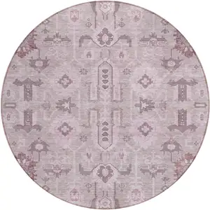 Photo of 8' Pink Mauve And Blush Round Oriental Washable Indoor Outdoor Area Rug