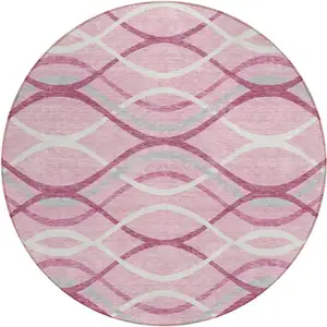 Photo of 8' Pink Mauve And Ivory Round Abstract Washable Indoor Outdoor Area Rug