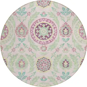 Photo of 8' Pink Mauve And Mint Green Round Floral Washable Indoor Outdoor Area Rug