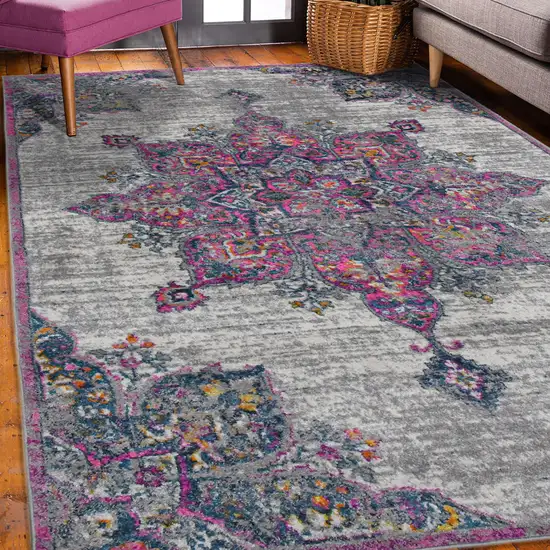 8' Pink Medallion Power Loom Runner Rug Photo 7