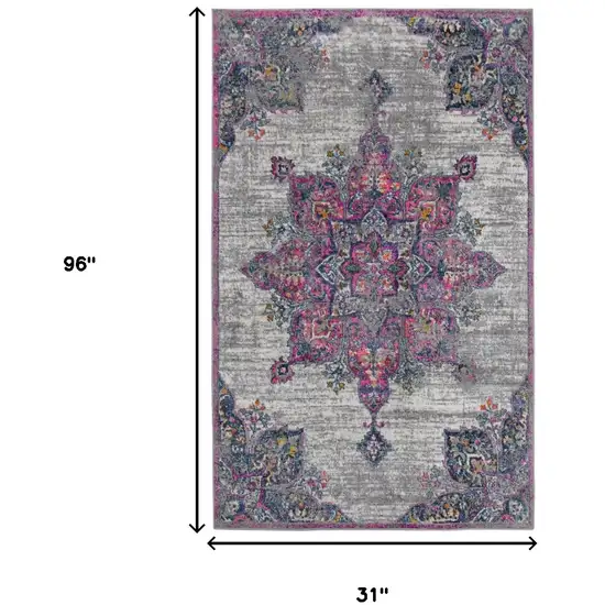 8' Pink Medallion Power Loom Runner Rug Photo 3