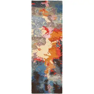 Photo of 8' Pink Orange And Blue Abstract Hand Tufted Runner Rug